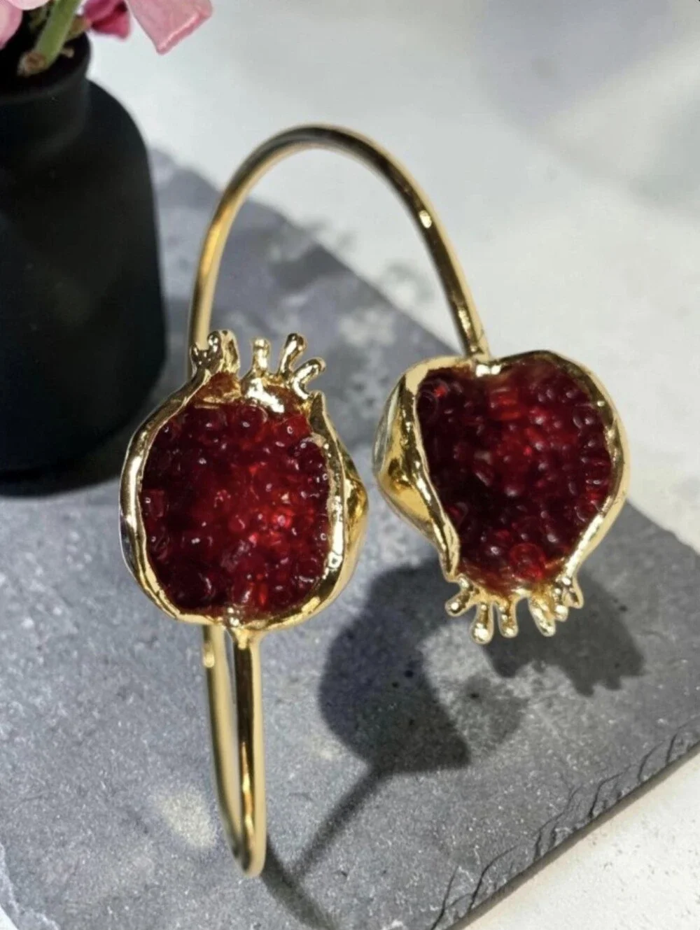 Fab 18k Gold Plated Artisan Genuine Garnet Pomegranate Bypass Bangle Bracelet